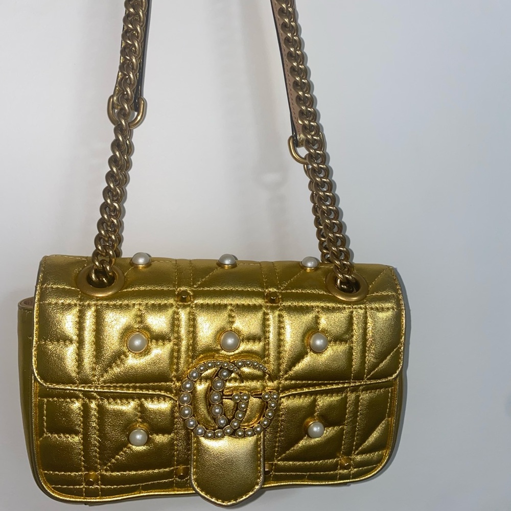 Gucci Pearl GG Marmont Matelasse Bag Gold mini